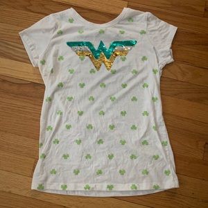 White tee with Wonder Woman sequin logo
